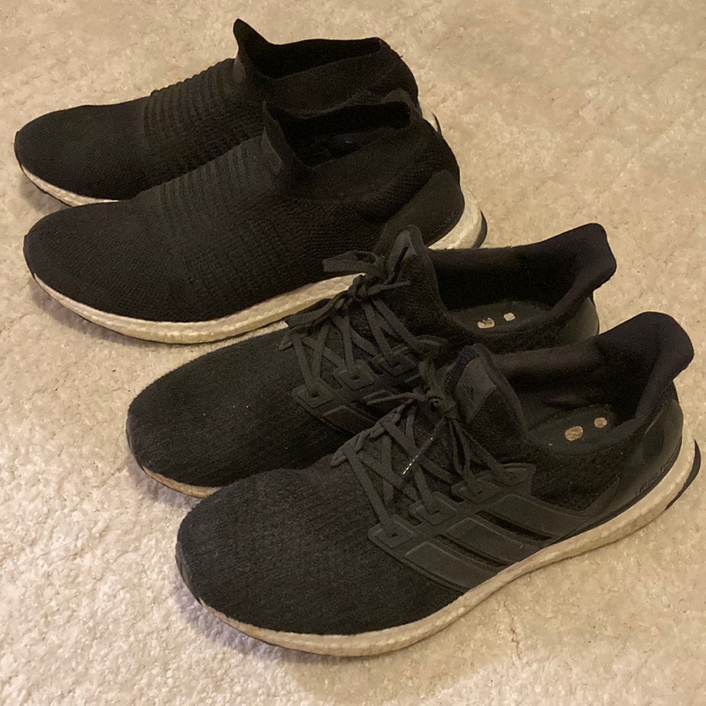 Lot of 2 Pairs Adidas Ultraboost Men’s Size 12 Shoes Black White Lace Up Slip On